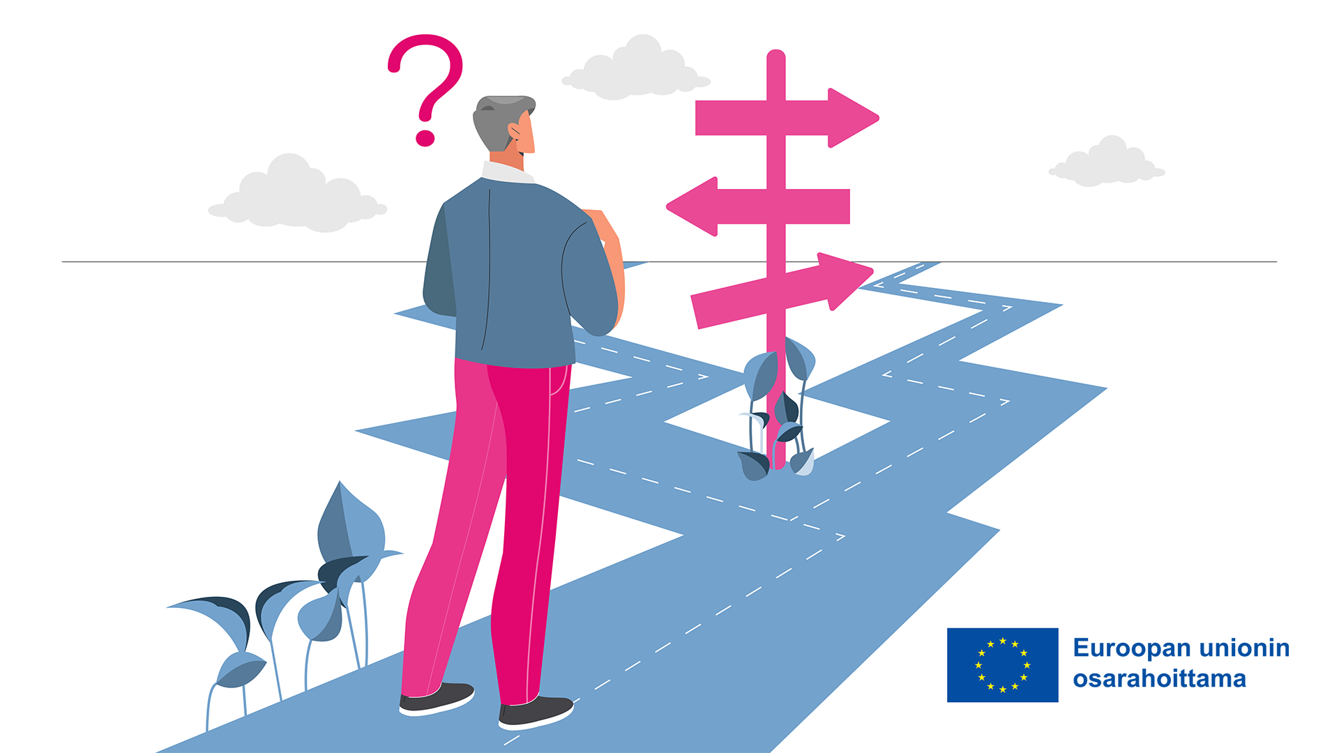 Piirretty henkilö katselee edessään olevia tienhaaroja ja tienviittoja.