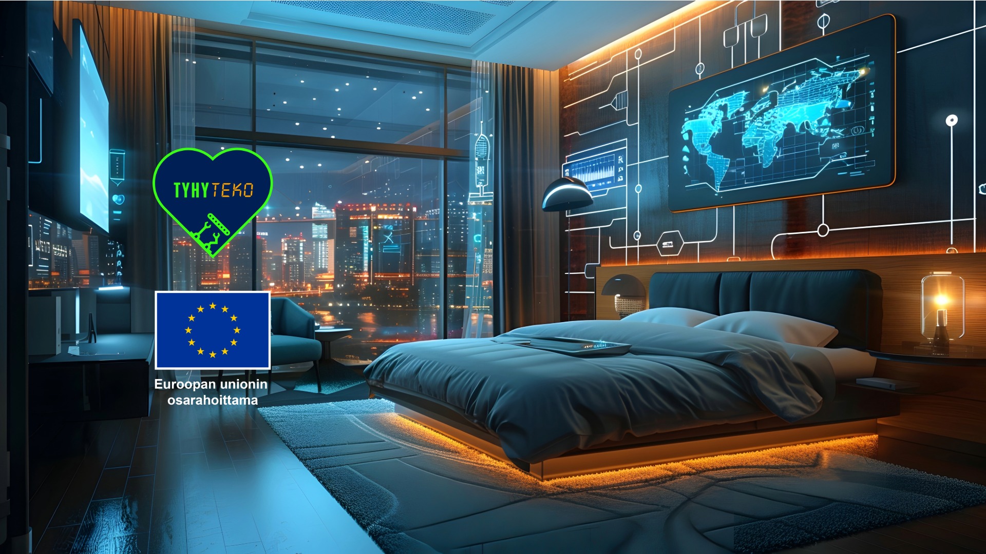 teknologisoitu hotellihuone, oranssin ja sinisen sävyissä