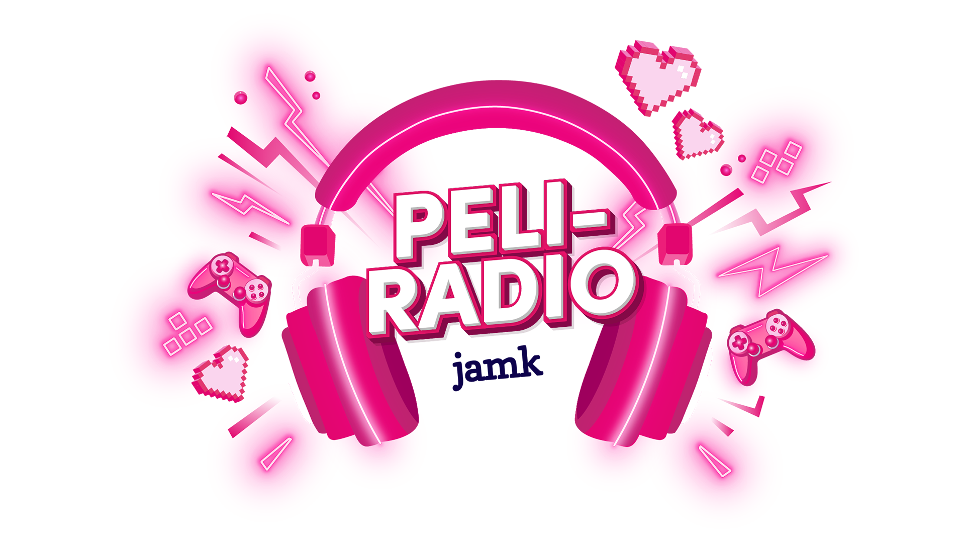 Peliradio-podcastin kansikuva, jossa pinkit kuulokkeet ja peliteemaisia pikselielementtejä.