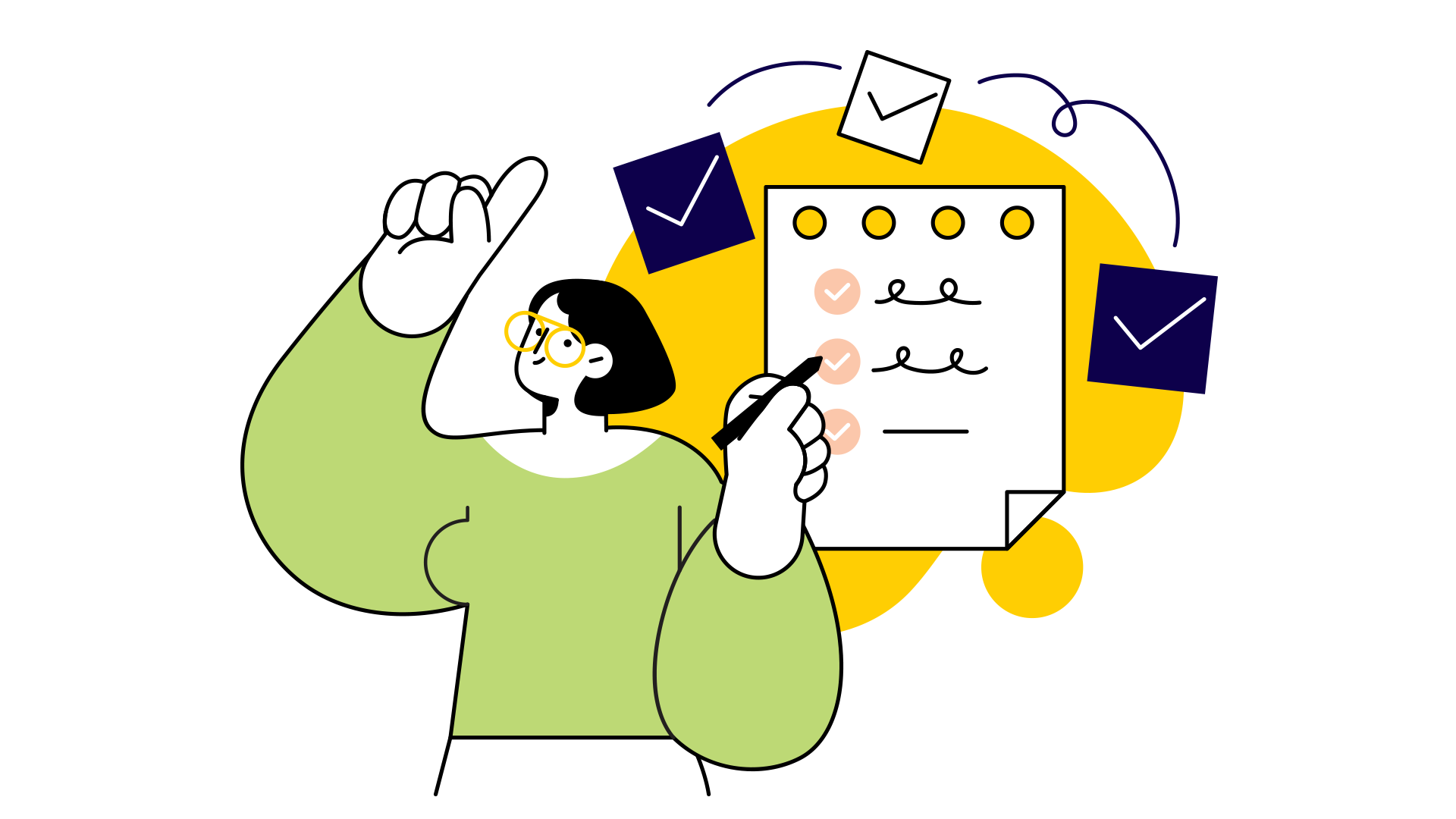 Yksinkertainen piirroshahmo osoittaa sormellaan ylös ja kynällä muistilehtiön sivulle piirrettyjä rasteja.