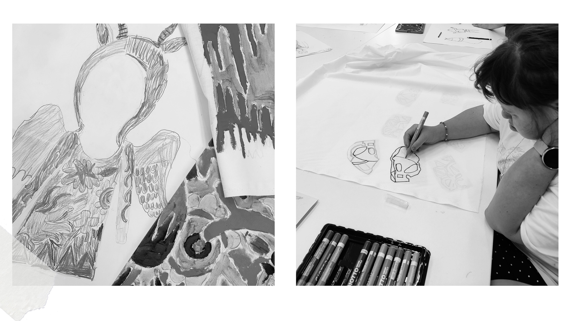 Piirroksia ja opiskelija piirtämässä vaatesuunnitelmia.