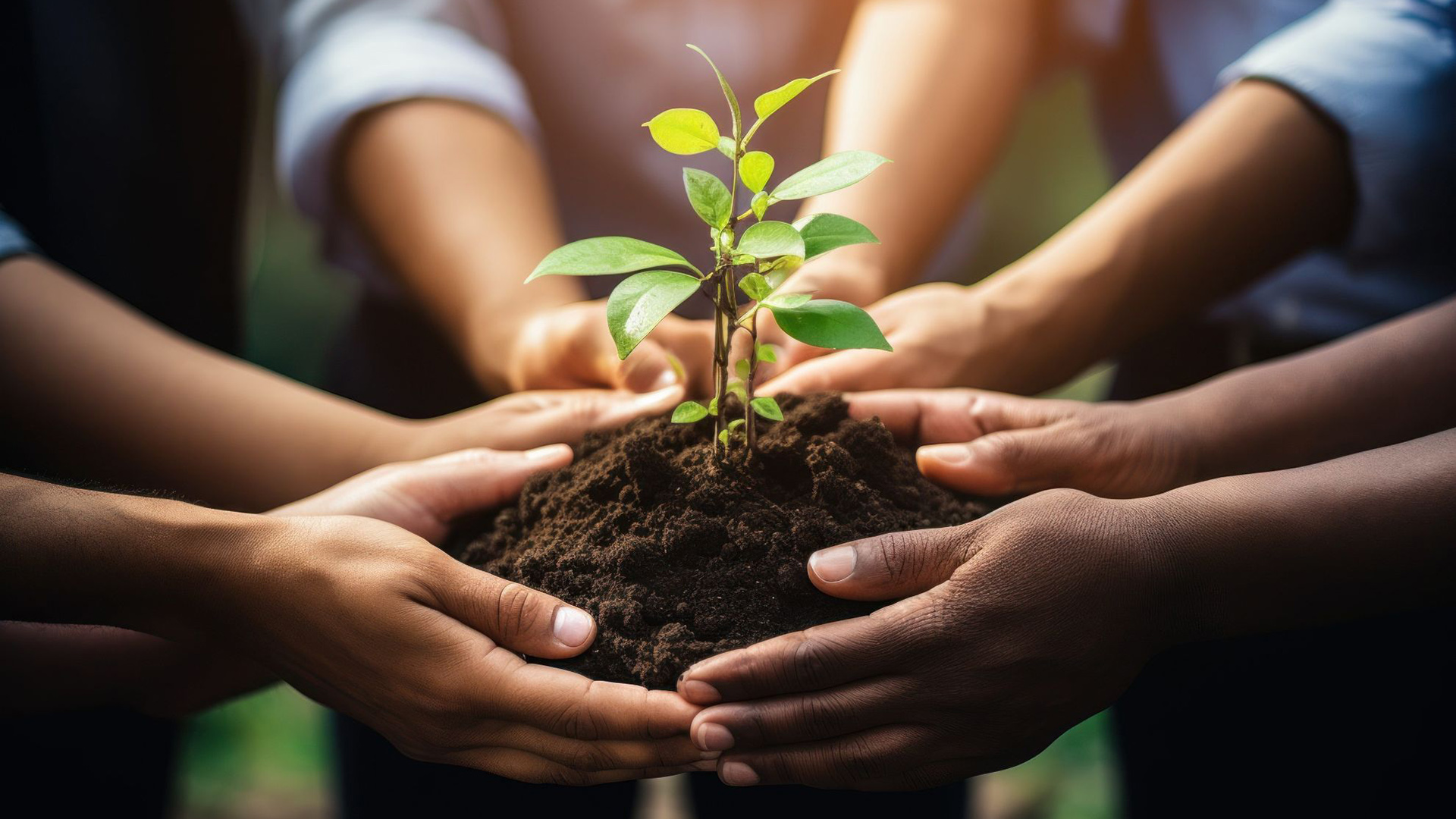 Monen henkilön kädet pitelevät multapaakkua, jossa kasvaa taimi.