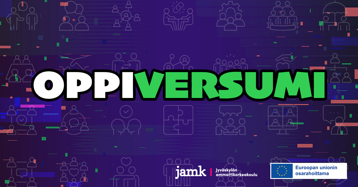 Alt-teksti: Kuvassa on violetti tausta, jossa on abstrakteja värillisiä elementtejä ja ikonimaisia piirroksia, jotka kuvaavat oppimista ja yhteistyötä. Keskellä on suuri teksti "OPPIVERSUMI", jossa sana on jaettu kahteen osaan: "OPPI" valkoisella ja "VERSUMI" vihreällä värillä.