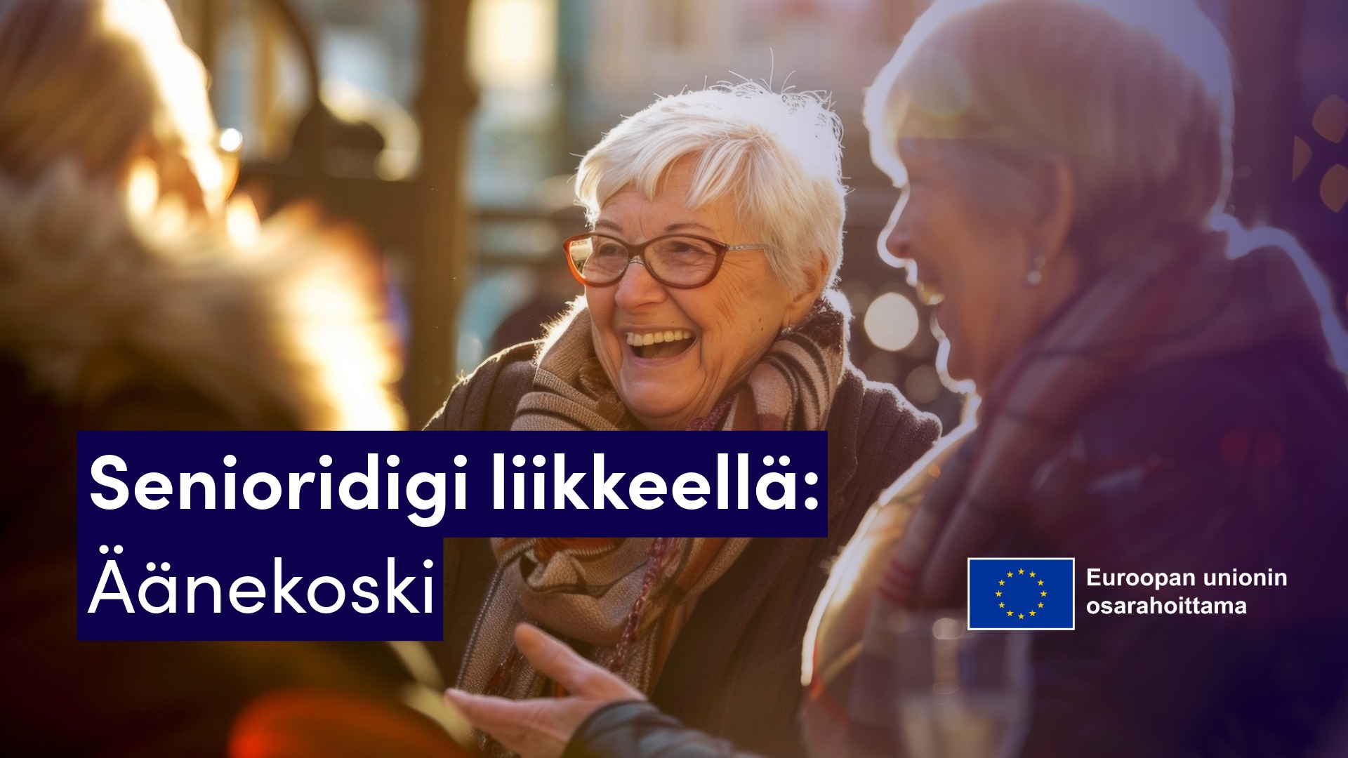 iäkkäitä naisia keskustelemassa, iloiset kasvot, EU-lippulogo