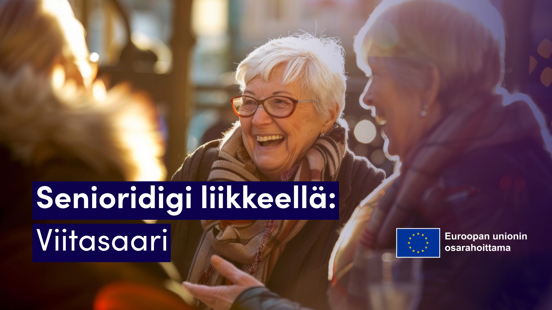 iäkkäitä naisia keskustelemassa, iloiset kasvot, EU-lippulogo