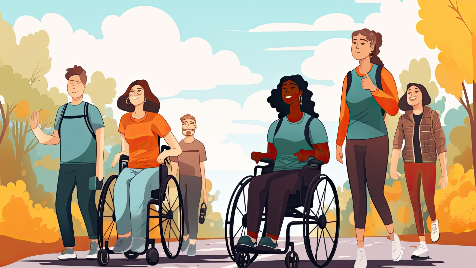 Several animated persons moving towards the screen.