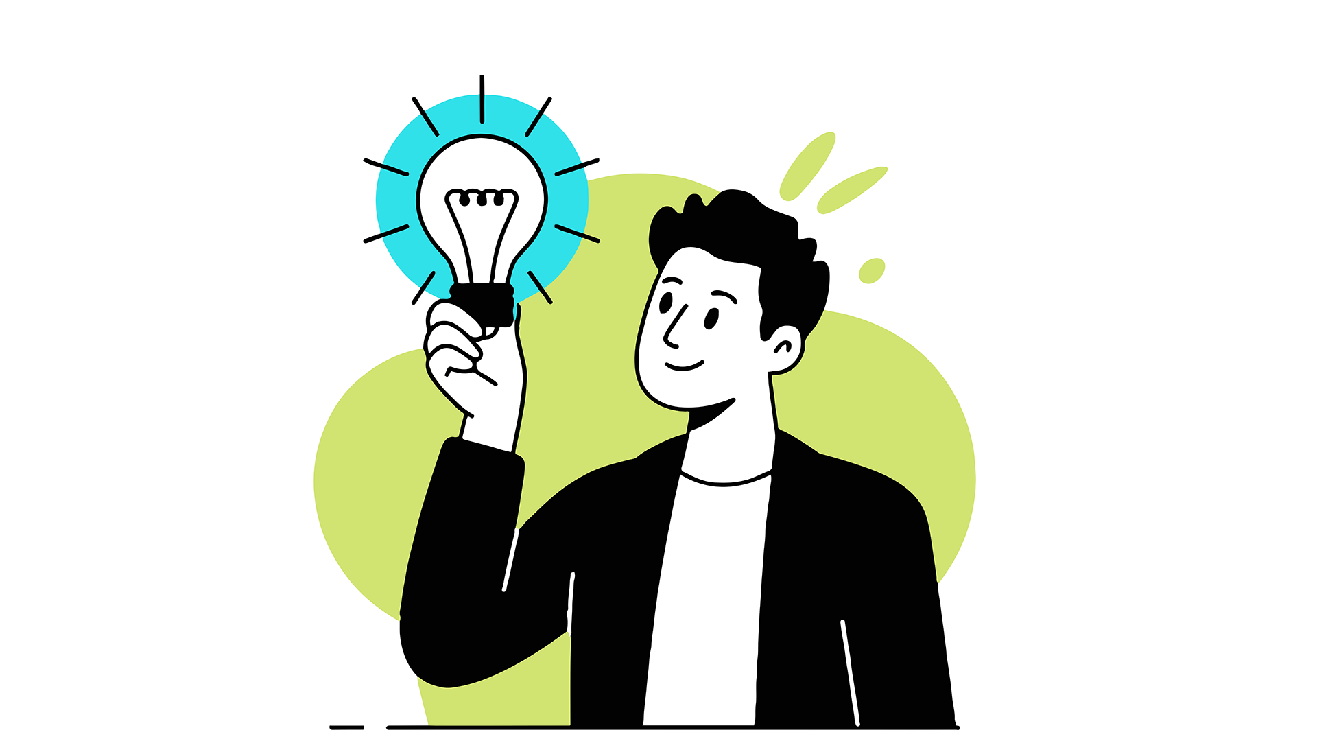 Henkilö katsoo kädessään olevaa hehkulamppua, piirroskuva.