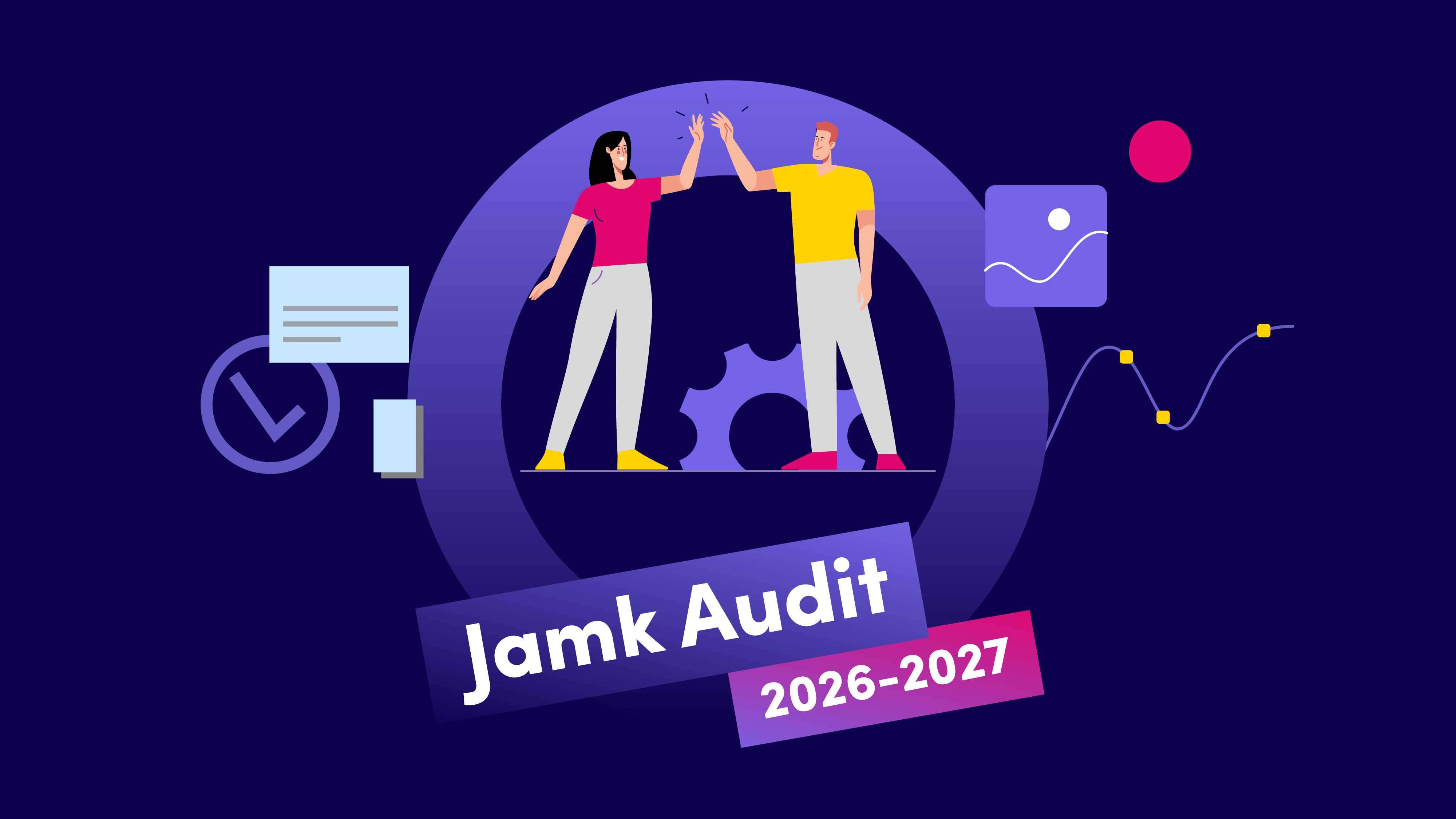 Piirroskuvitus, jossa kaksi ihmishahmoa antaa ylävitosen. Alla teksti "Jamk Audit 2026–2027".