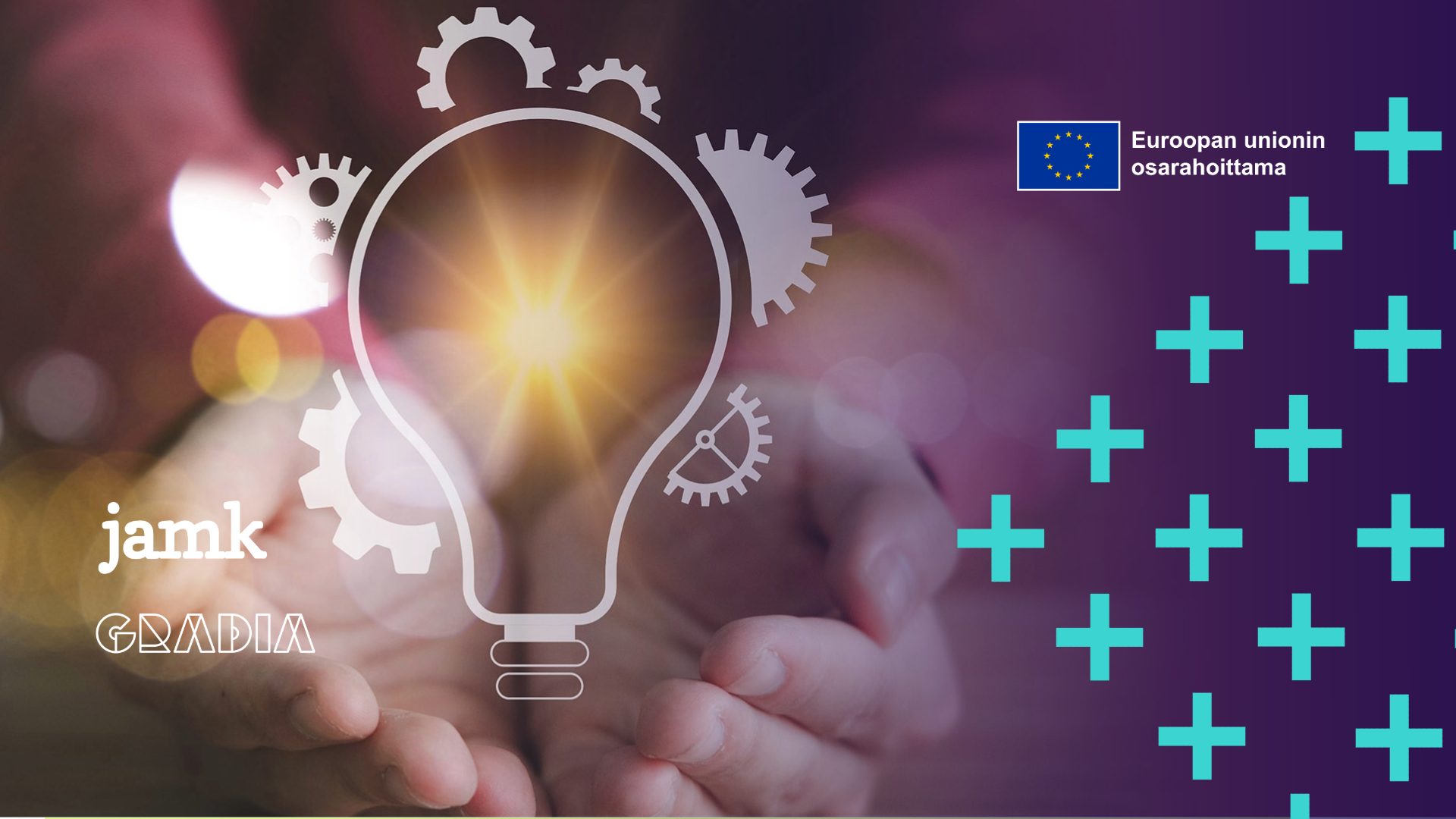 Hehkulamppu, jonka ympärillä on rattaita, taustalla kädet pitelemässä ilmassa leijuvaa lamppupiirrosta.