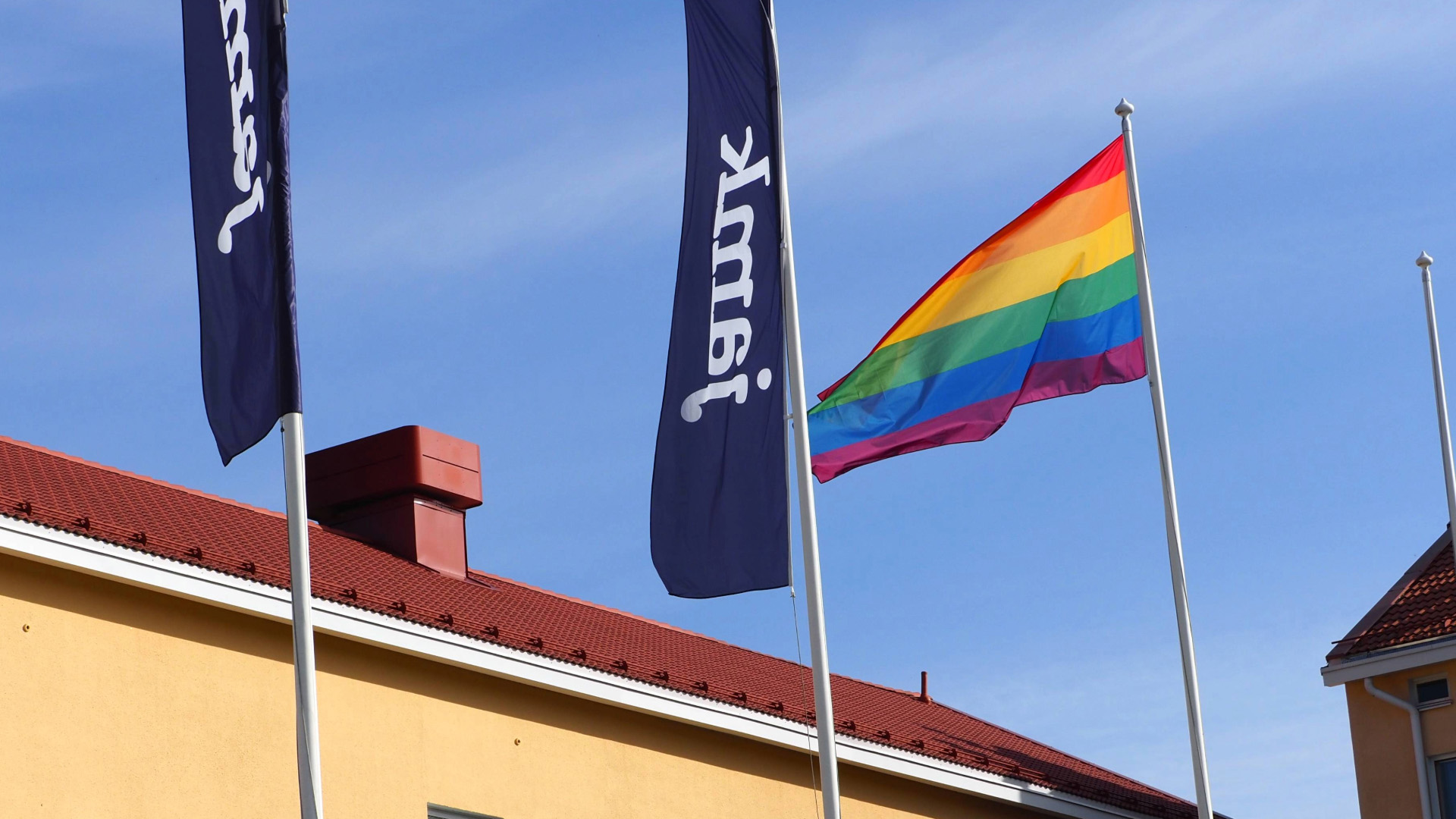 Kaksi Jamk-lippua ja sateenkaarilippu liehuvat sinistä taivasta vasten saloissa.