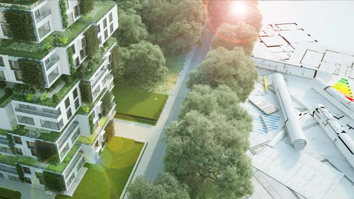 Kuvakooste rakennuspiirrustuksista ja uusista kerrostaloista