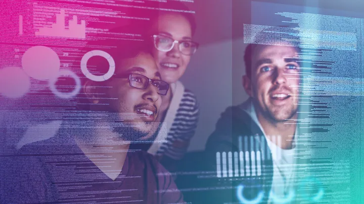 Three engineer students and data on screen