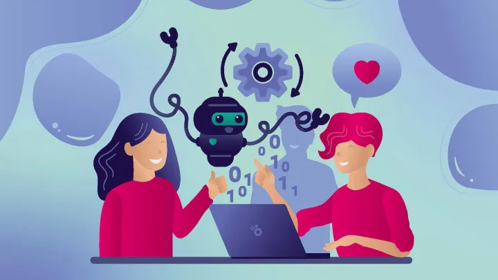 Kuvassa kaksi piirrettyä ihmishahmoa ovat tietokoneen ympärillä ja heidän välissään leijuu kuvitteellinen ohjelmistorobottihahmo, jolla on robotin pää, vartalo ja kädet, mutta ei ollenkaan jalkoja.