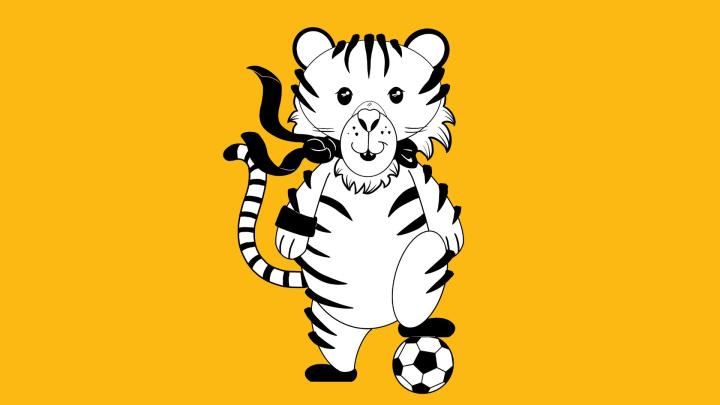 Piirroskuva valkoisesta tiikeristä, jolla on vasemman jalan alla jalkapallo.