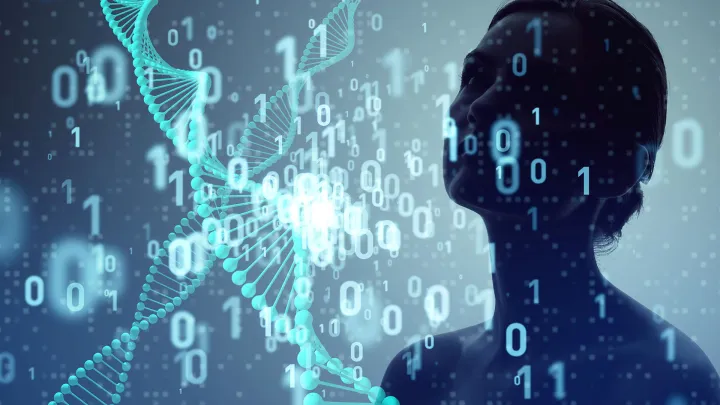 Ihmisen profiili ja edessä leijuu bittejä