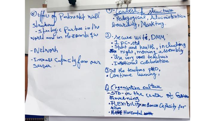 Written text on a flip chart, for example: office of partnership well structured, network, leadership, secure wifi, continue learning, and organization culture. 