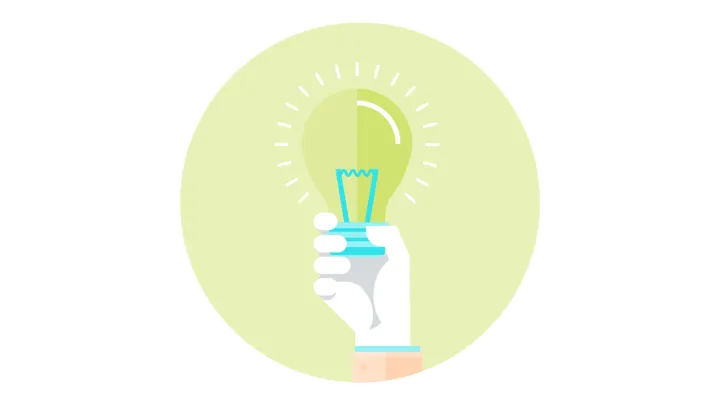 Piirroskuvitus, jossa käsi pitelee hehkuvaa lamppua