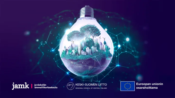 Hehkulamppu, jonka sisällä kestäviä energiavaihtoehtoja kuvaava maisema