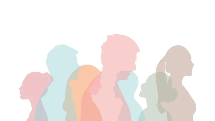 läpinäkyviä värikkäitä ihmishahmoja katsomassa eri suuntiin