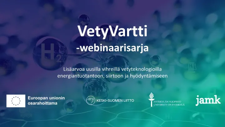 Kuvituskuva vetyatomista ja Euroopan unionin osarahoittama logo