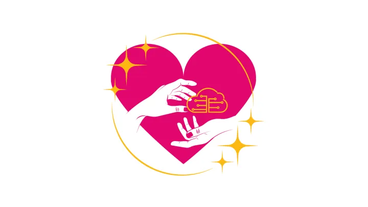 Piirroskuvassa sydän ja kädet, joiden välissä datasymboli
