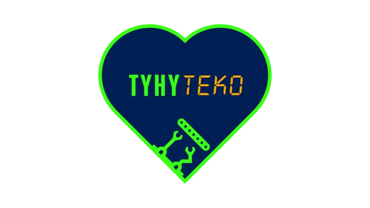 Tummansininen sydän TyhyTeko tekstillä. Hankkeen logo.
