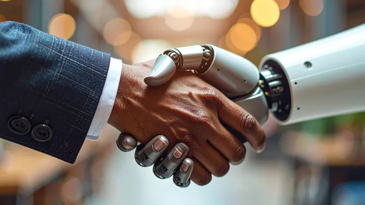 A robot hand shaking a human hand.