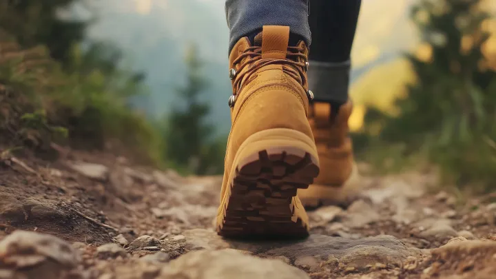 Henkilön jalat kävelemässä polulla.