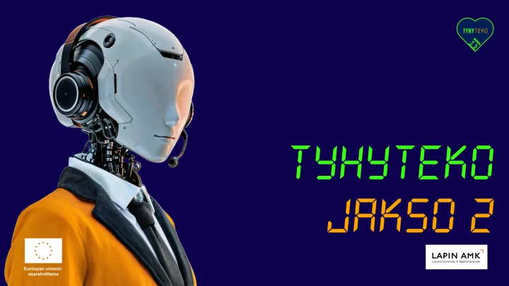 Vasemmalla valkoinen robotti oranssissa takissa, oikealla teksti &quot;TyhyTeko Jakso 2&quot;.