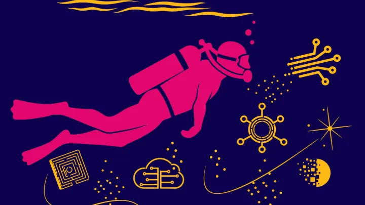 Piirroskuvassa hahmo sukeltaa symbolien seassa