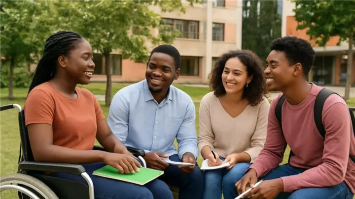 Four people talking in a park.