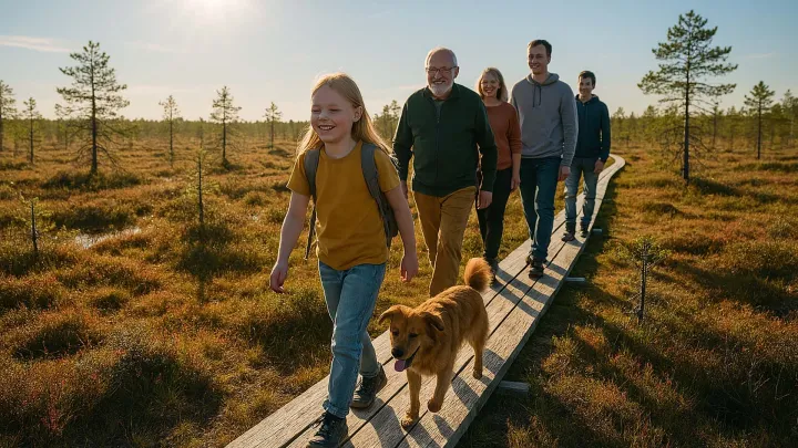 Joukko ihmisiä ja koira kävelee pitkospuita pitkin