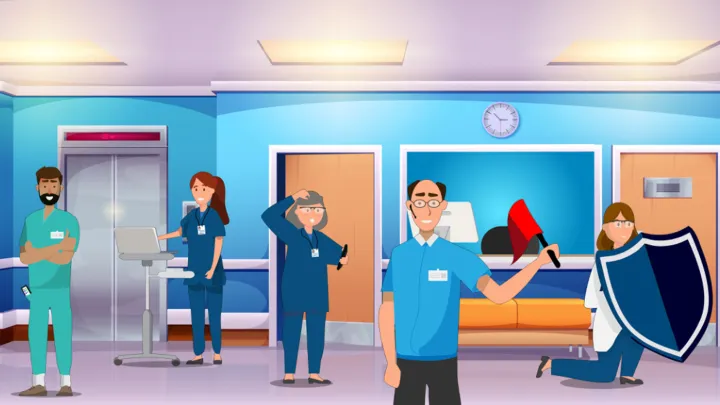 Kuvituskuva sairaalaympäristöstä, jossa on erilaisia piirrettyjä ihmisiä.