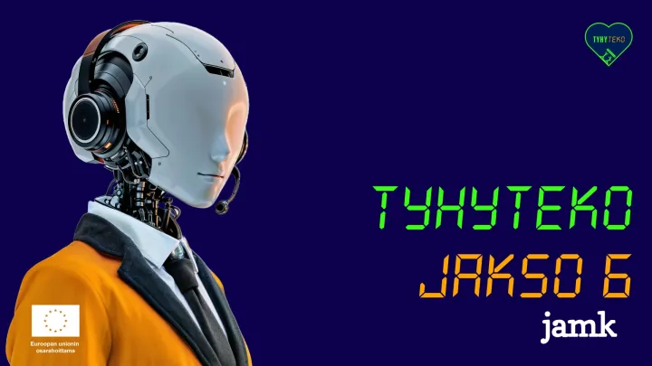 Kuvassa vasemmalla robotti oranssissa takissa ja oikealla teksti TyhyTeko podcast.