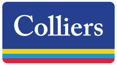 Colliersin tekstilogo sinisellä pohjalla