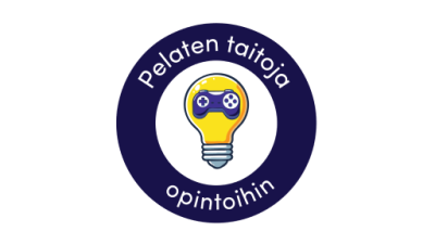 Pyöreän logon keskellä hehkulampussa oleva peliohjain ja hehkulampun ympärillä teksti Pelaten taitoja opintoihin.